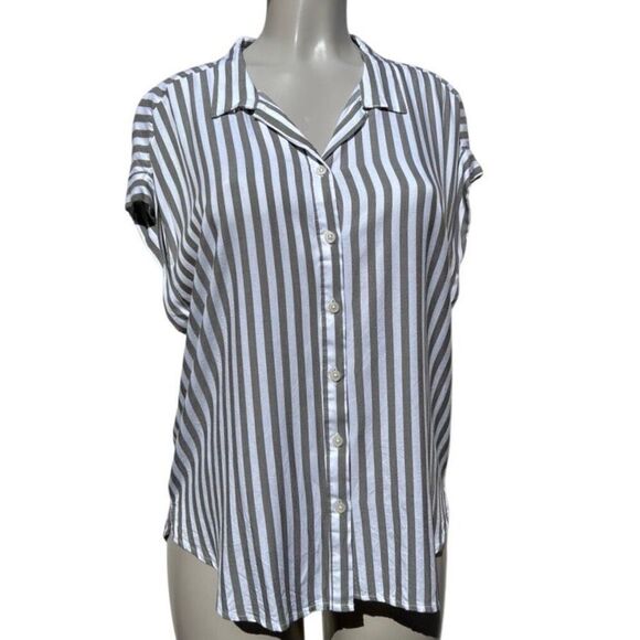 Alexander Jordan Button-up Shirt Women's Large Olive Green Striped 100% Rayon - Picture 1 of 11